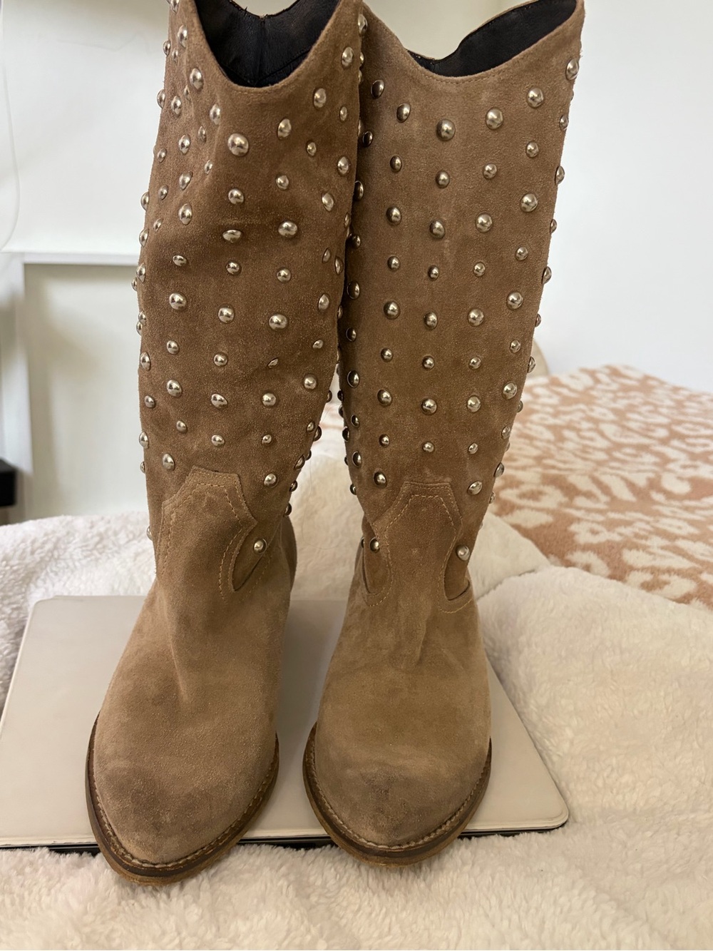Vera Gomma Italian Studded Suede Mid-Calf Heeled Boots - Brown